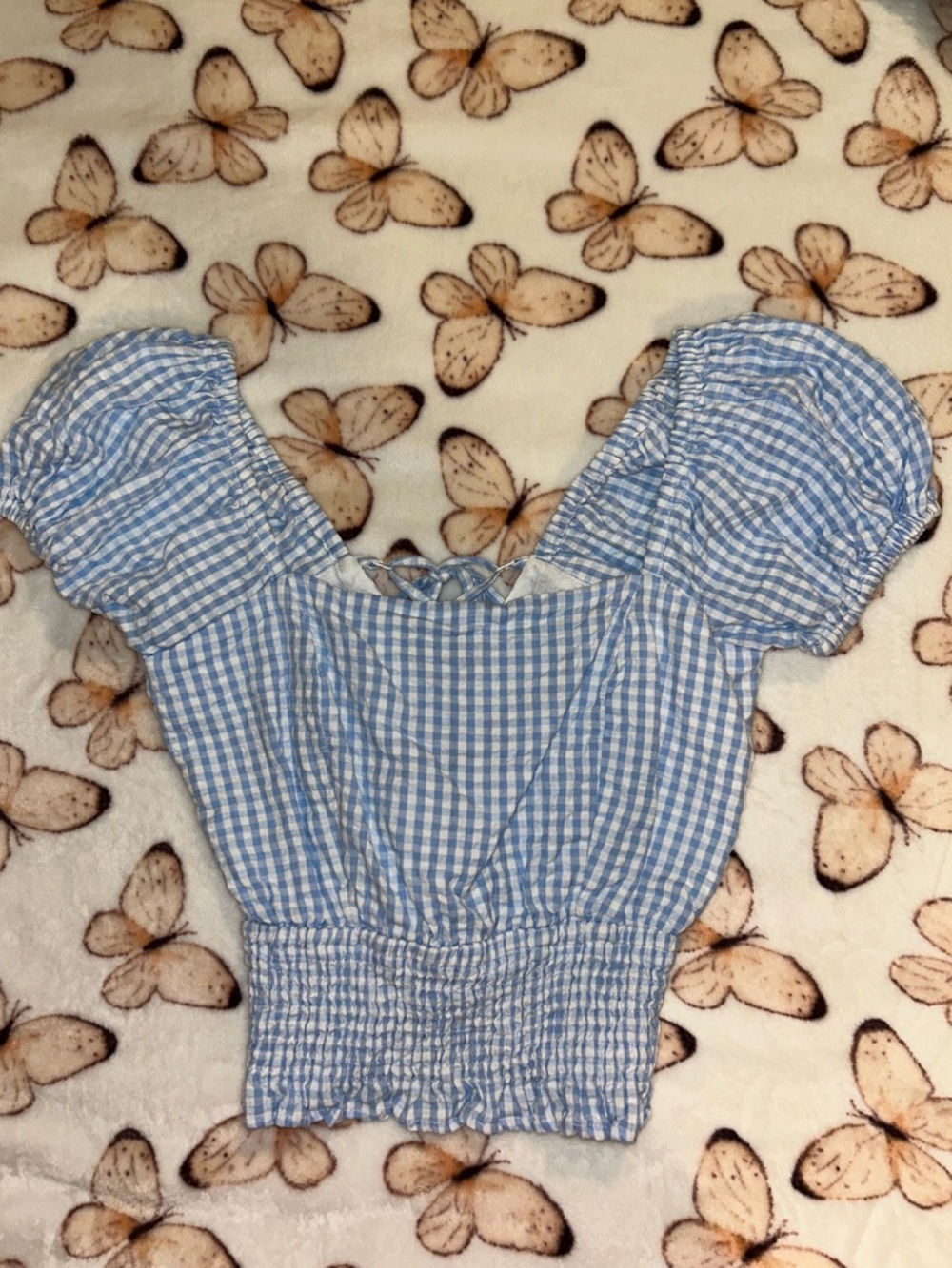 Blue Gingham Puff-Sleeve Smocked Lace up back Crop Top